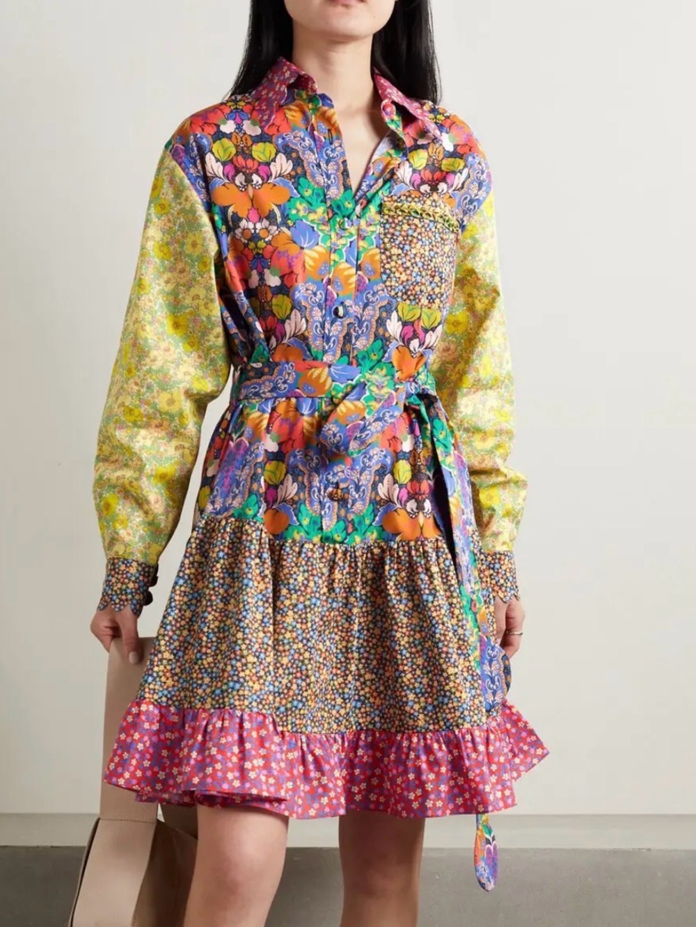 Horror Vacui Multicolor Floral Patchwork Mini Shirt Dress
